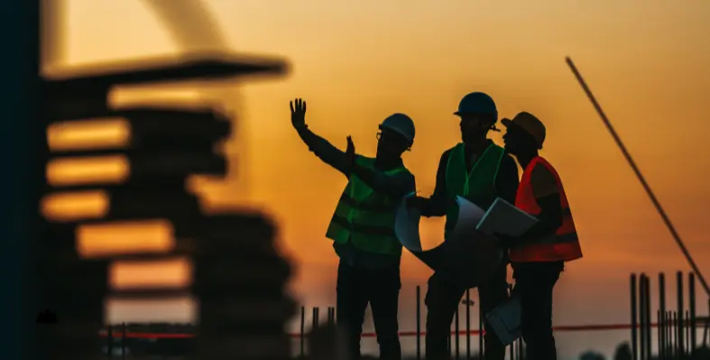 Two engineers in safety gear, including hard hats, at a construction site