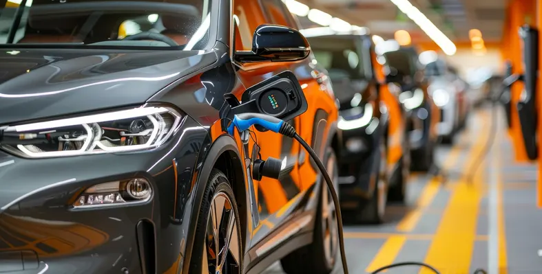 Electric cars being charged in a line. 