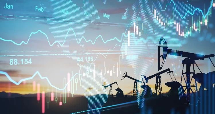 Oil pumps against chart representing oil market