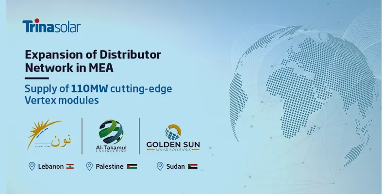 A Trina Solar infographic highlighting its new partnerships in Lebanon, Palestine and Sudan.